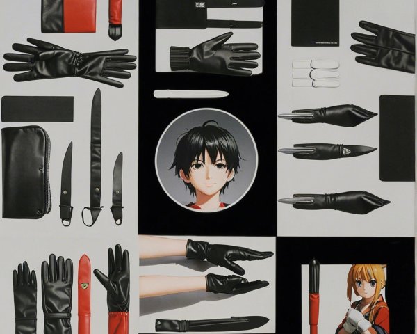 Assortment of Black and Red Gloves, Pens, and Notebooks
