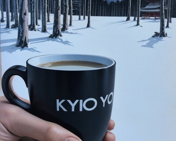 Black Coffee Mug in Serene Winter Landscape