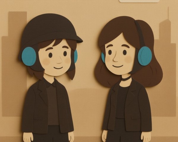 Cartoon Characters with Headphones in City Setting