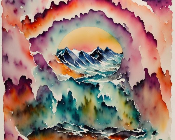 Vibrant Watercolor Cosmic Landscape with Mountains
