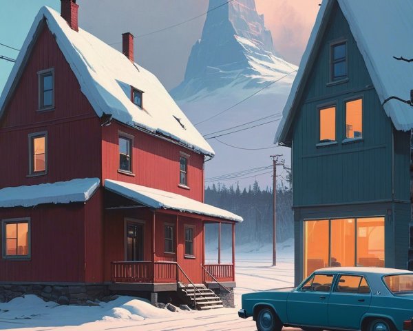 Winter Scene with Cozy Houses and Majestic Mountains