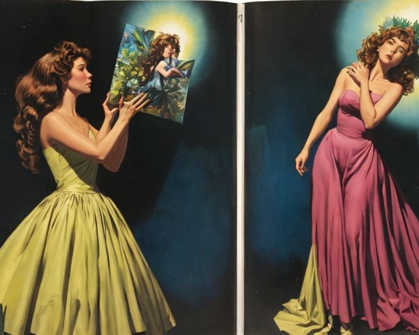 Woman in Elegant Gowns Surrounded by Lush Greenery