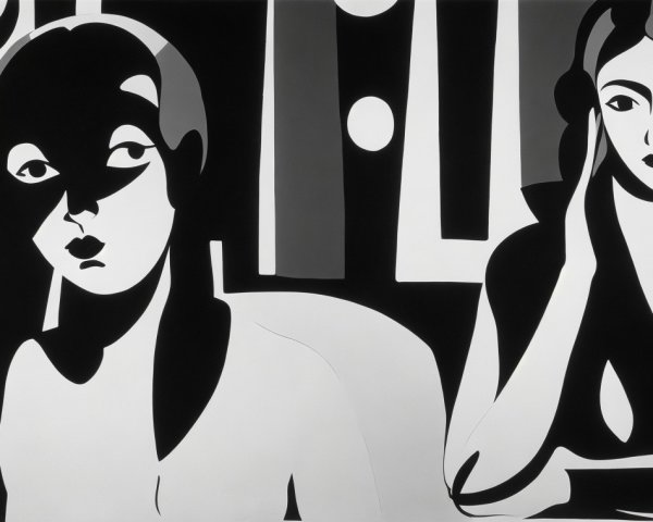 Monochromatic Artwork with Stylized Figures and Patterns