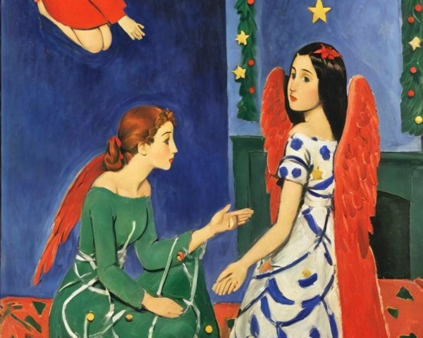 Angels in a Christmas Scene with Red Feathered Wings
