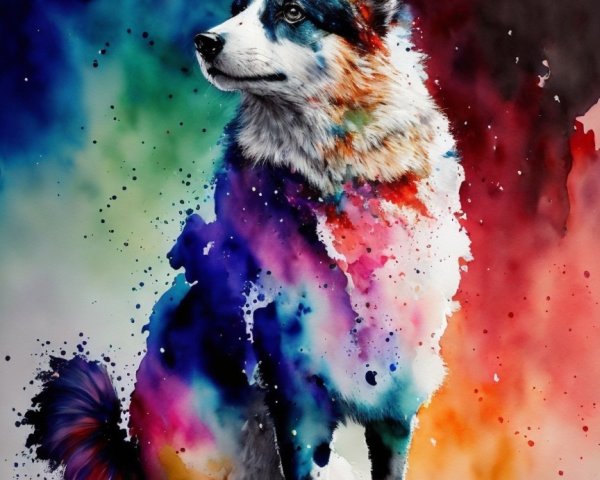 Watercolor Illustration of a Colorful Dog in Abstract Style