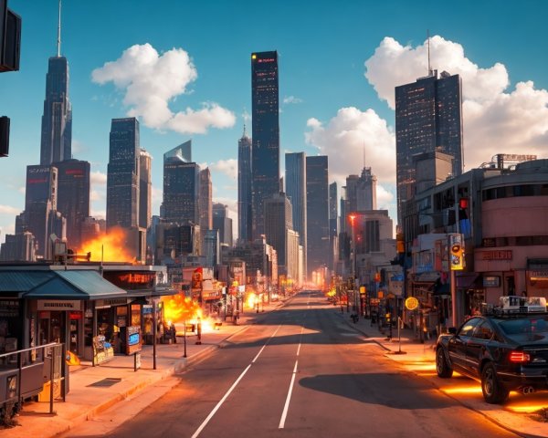 Dramatic Cityscape with Skyscrapers and Explosions