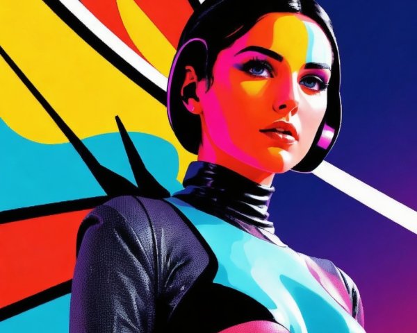 Futuristic Woman with Multicolored Patterns and Graphics