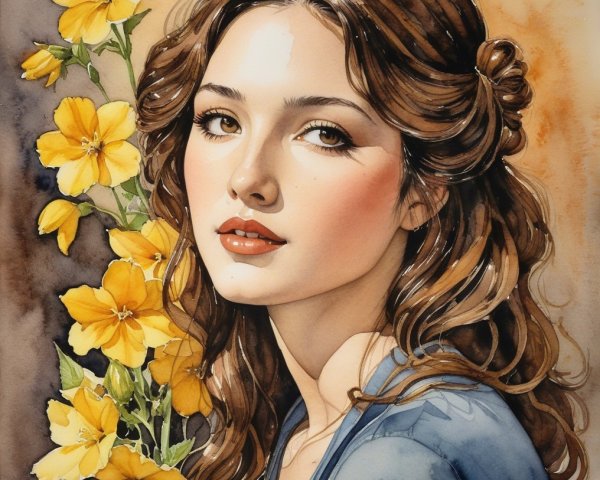 Young woman in blue garment with yellow flowers