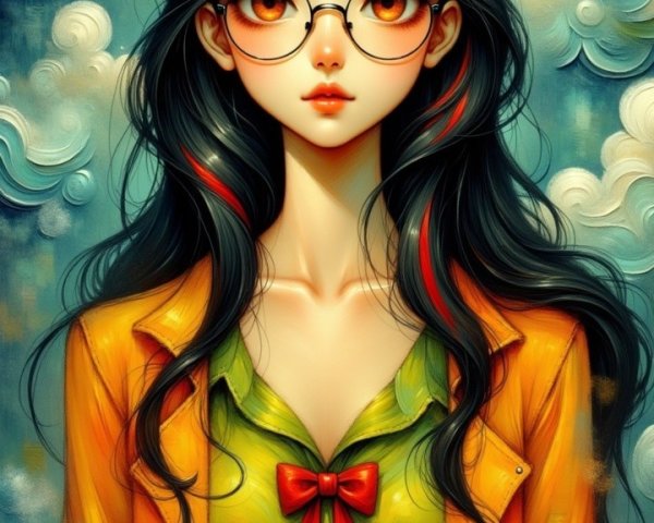 Young woman with black hair in vibrant outfit and portraits