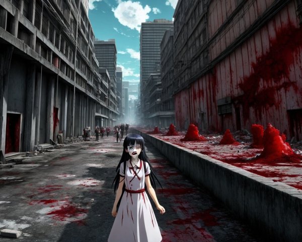 Young girl in white dress on blood-soaked street