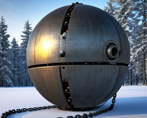 Metallic Sphere in Snowy Landscape with Frosted Trees