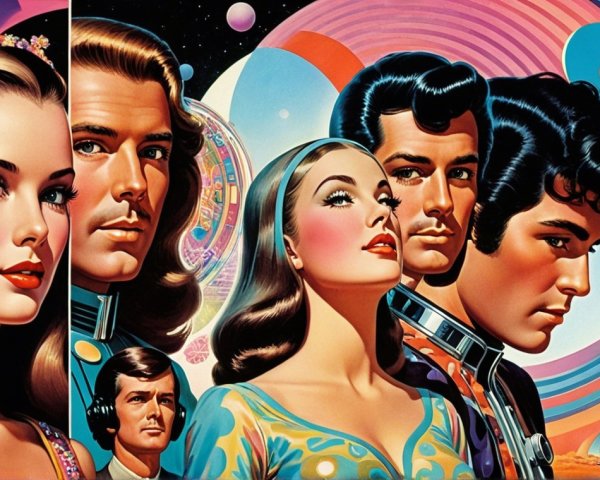 Retro-Futuristic Illustration of Glamorous Figures in Space
