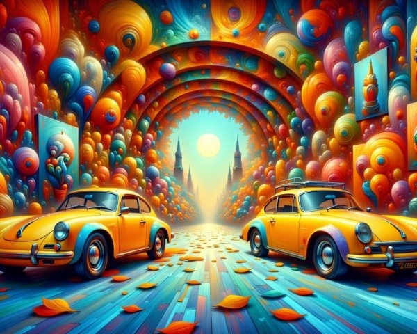 Vintage Yellow Cars Under Colorful Archway and Landscape