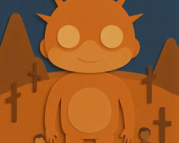 Vertical Papercut Art of an Orange Monster with Figures
