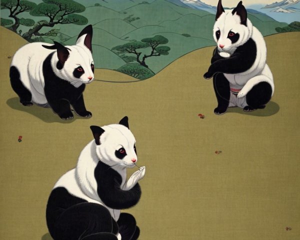 Pandas on a Verdant Hill Under a Pale Green Sky