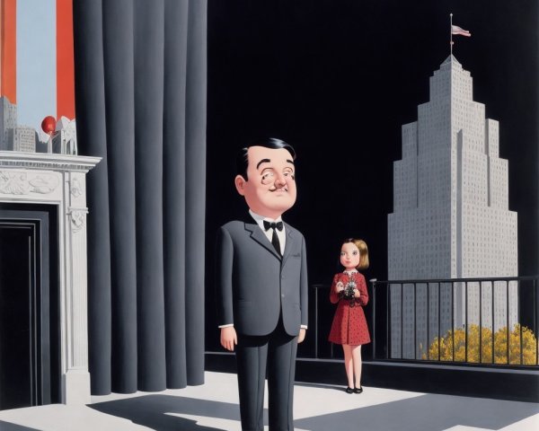 Cartoonish Scene of Man and Girl on Balcony