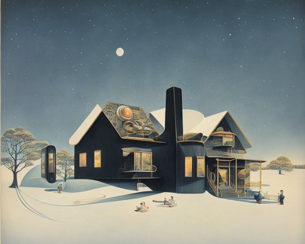Black House in Snowy Landscape Under Starry Sky
