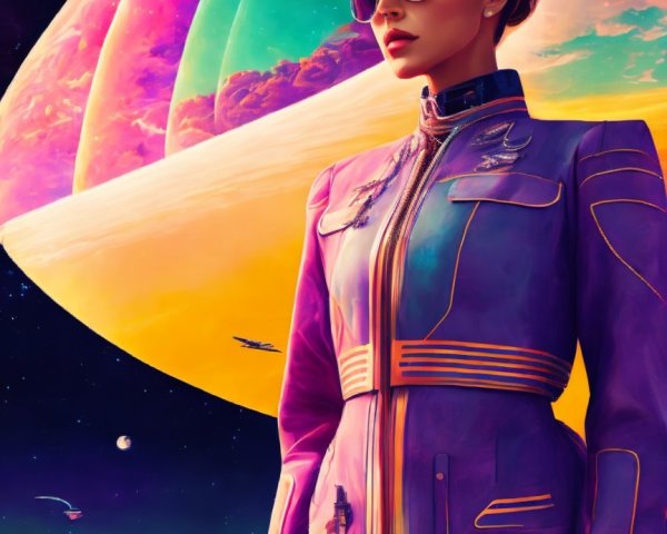 Futuristic Figure in Cosmic Landscape with Spaceships
