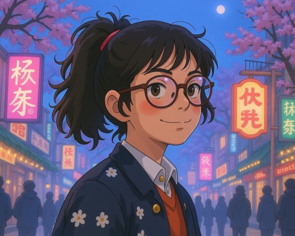 Cheerful girl in vibrant night market setting