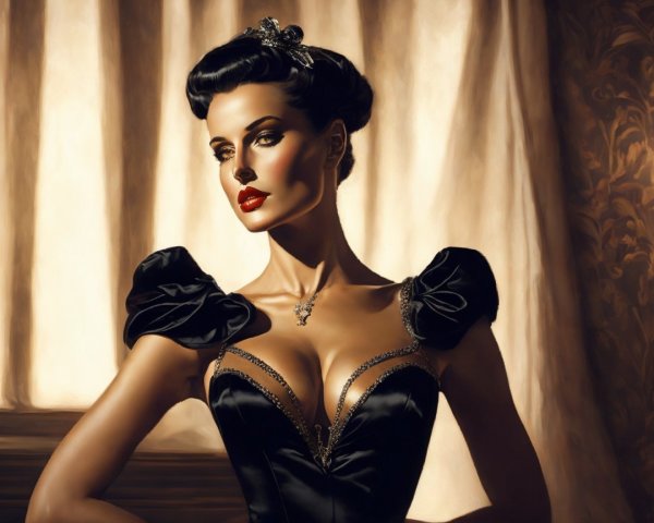 Glamorous Woman in Elegant Black Gown and Vintage Hair