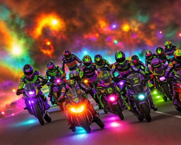 Vibrant Motorcycle Parade with Neon Lights and Smoke