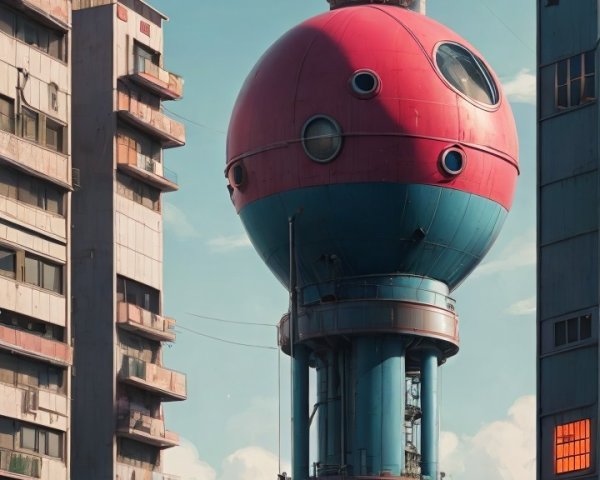 Futuristic Orb Structure Amidst Urban Decay and Innovation