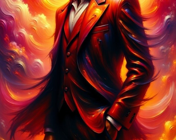 Confident Figure in Red Suit Against Vibrant Background