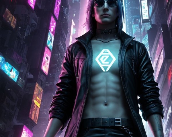 Futuristic Figure in Neon-Lit Urban Landscape