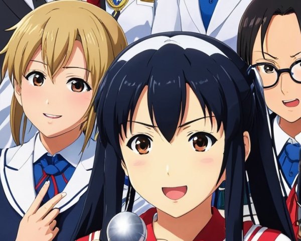 Vibrant anime scene with characters in diverse outfits