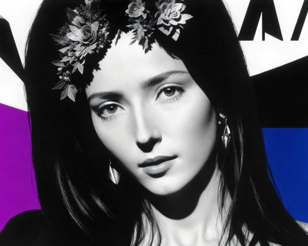 Black and White Portrait of a Woman with Floral Accents