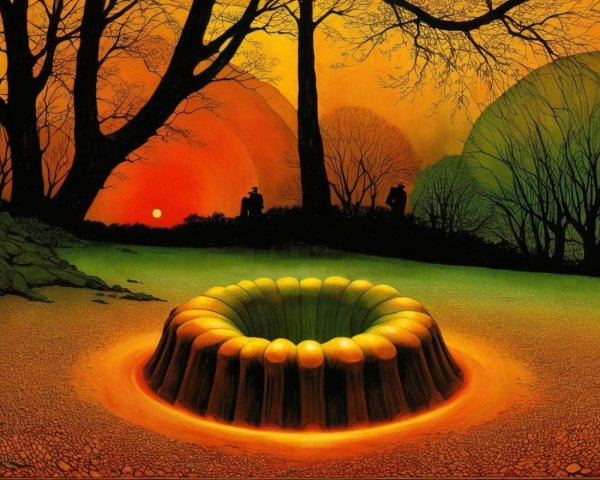 Vibrant Sunset Over Surreal Landscape with Figures