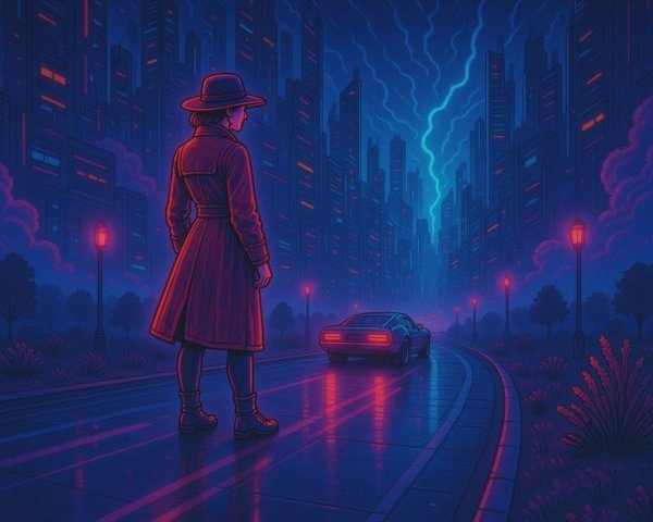 Mysterious Figure on Neon-Lit City Street at Night