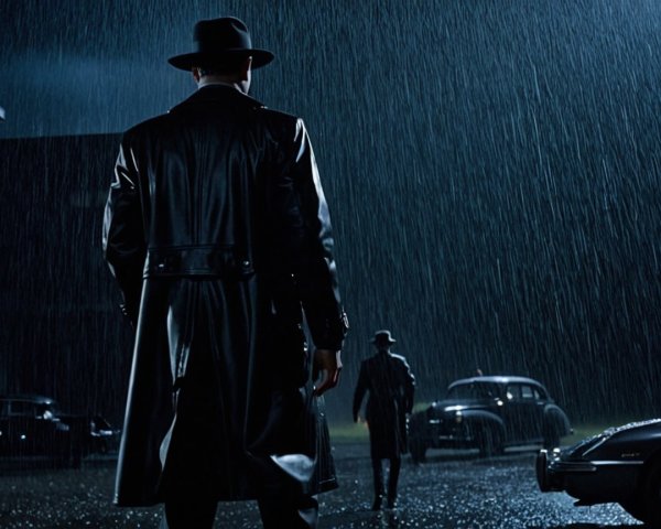 Rainy Urban Noir Scene with Silhouetted Figures