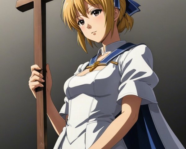 Blonde Girl in White Dress Holding Wooden Cross