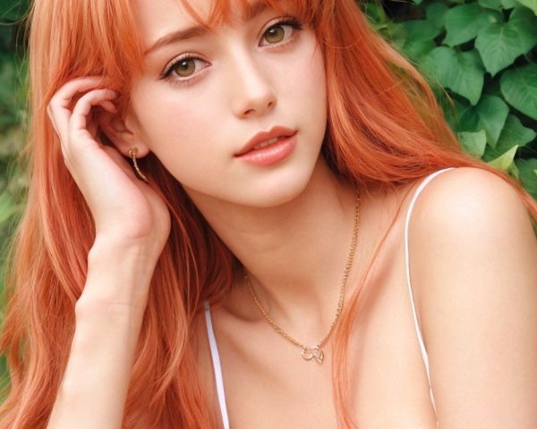 Young woman with orange hair in serene outdoor setting