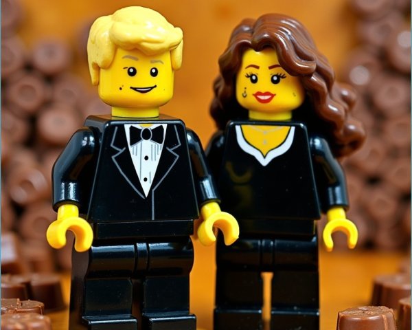 LEGO Minifigures in Formal Attire with Candy Backdrop