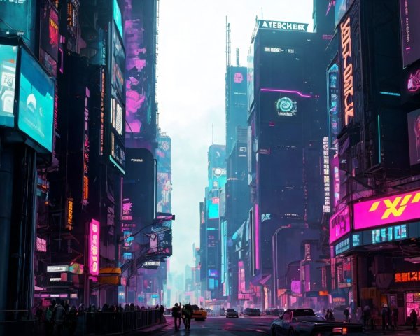 Futuristic cityscape with neon lights and activity