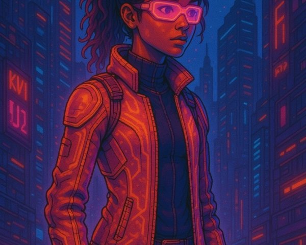 Young Woman in Futuristic Neon Cityscape at Night