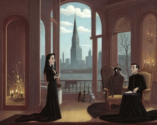 Intriguing Scene with Three Characters in Detailed Room