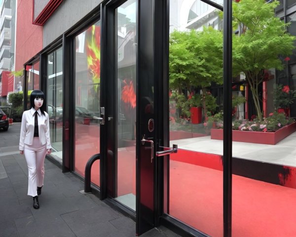 Modern Urban Scene with Glass Storefront and Greenery