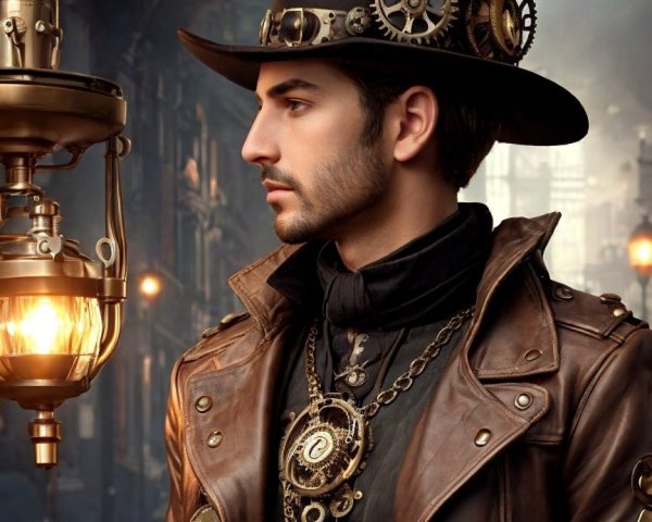 Steampunk Figure in Foggy Industrial Setting