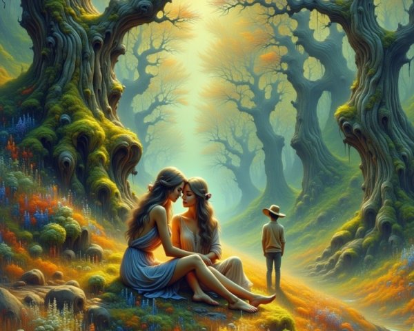 Mystical forest scene with two women in autumn hues