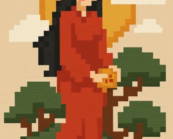 Pixel Art of Woman in Red Dress with Sun and Trees