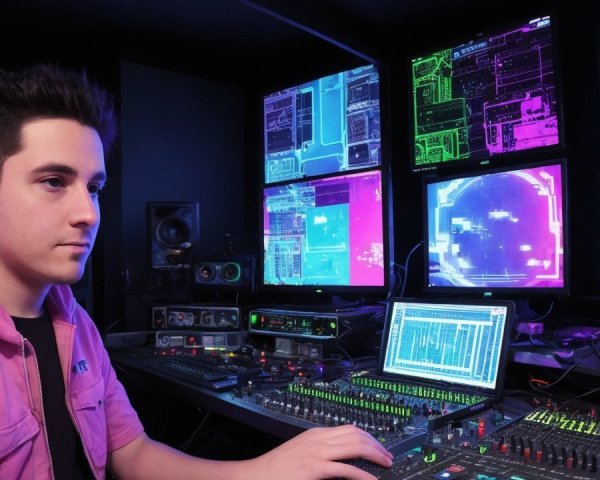 Young man at high-tech workstation with colorful screens