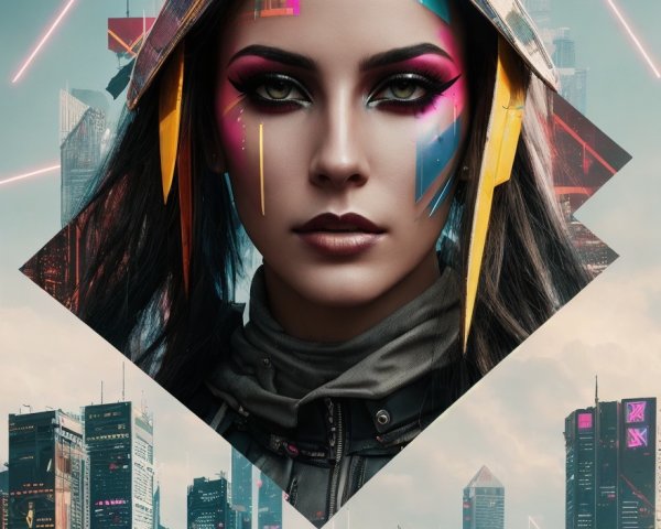 Futuristic Female Figure in Colorful Urban Fantasy Scene