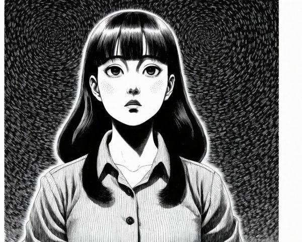 Black-and-white illustration of a young woman with freckles