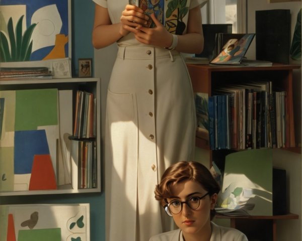 Young Women in Artistic Space with Books and Art
