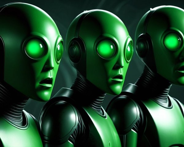 Futuristic green robots with glowing eyes in tech setting