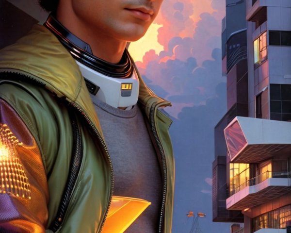 Young man in stylish jacket at modern airport sunset