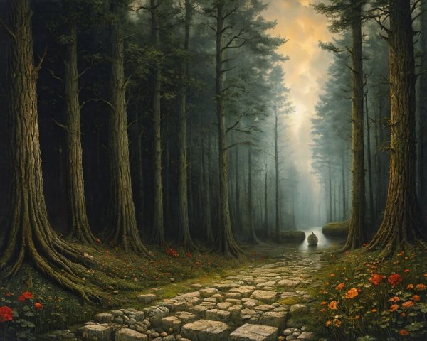 Serene forest scene with trees, flowers, and mist